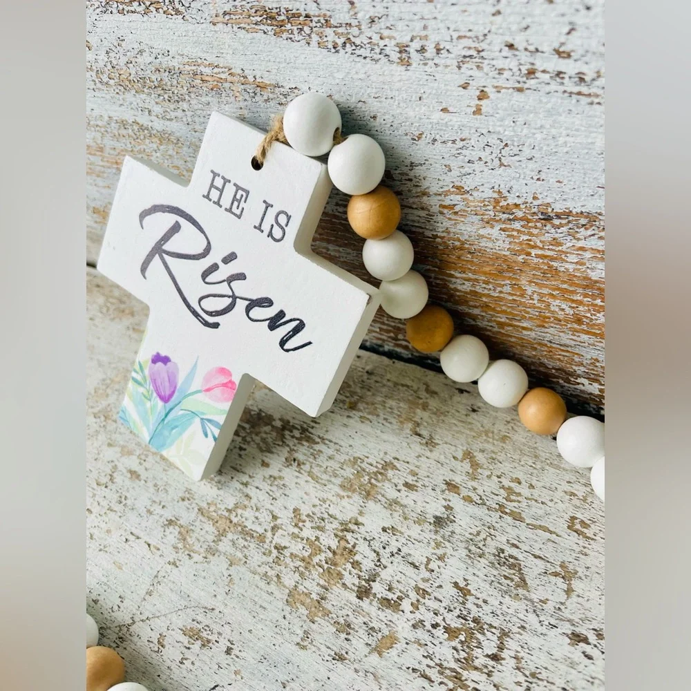 *He Is Risen Wooden Bead Garland w/Cross
